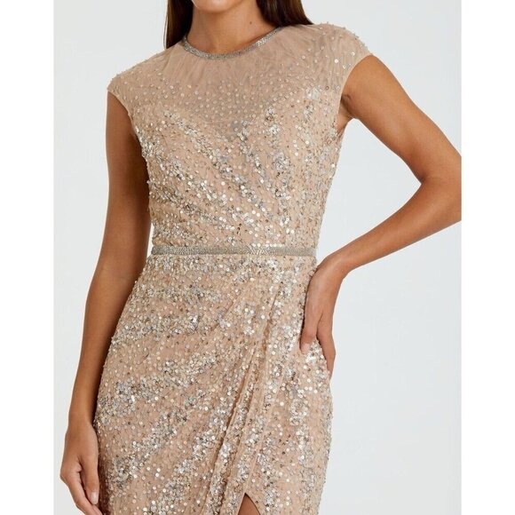 Mac Duggal Size 6 Nude Embellished Illusion High Neck Cap Sleeve Gown 5619 New - Picture 3 of 11